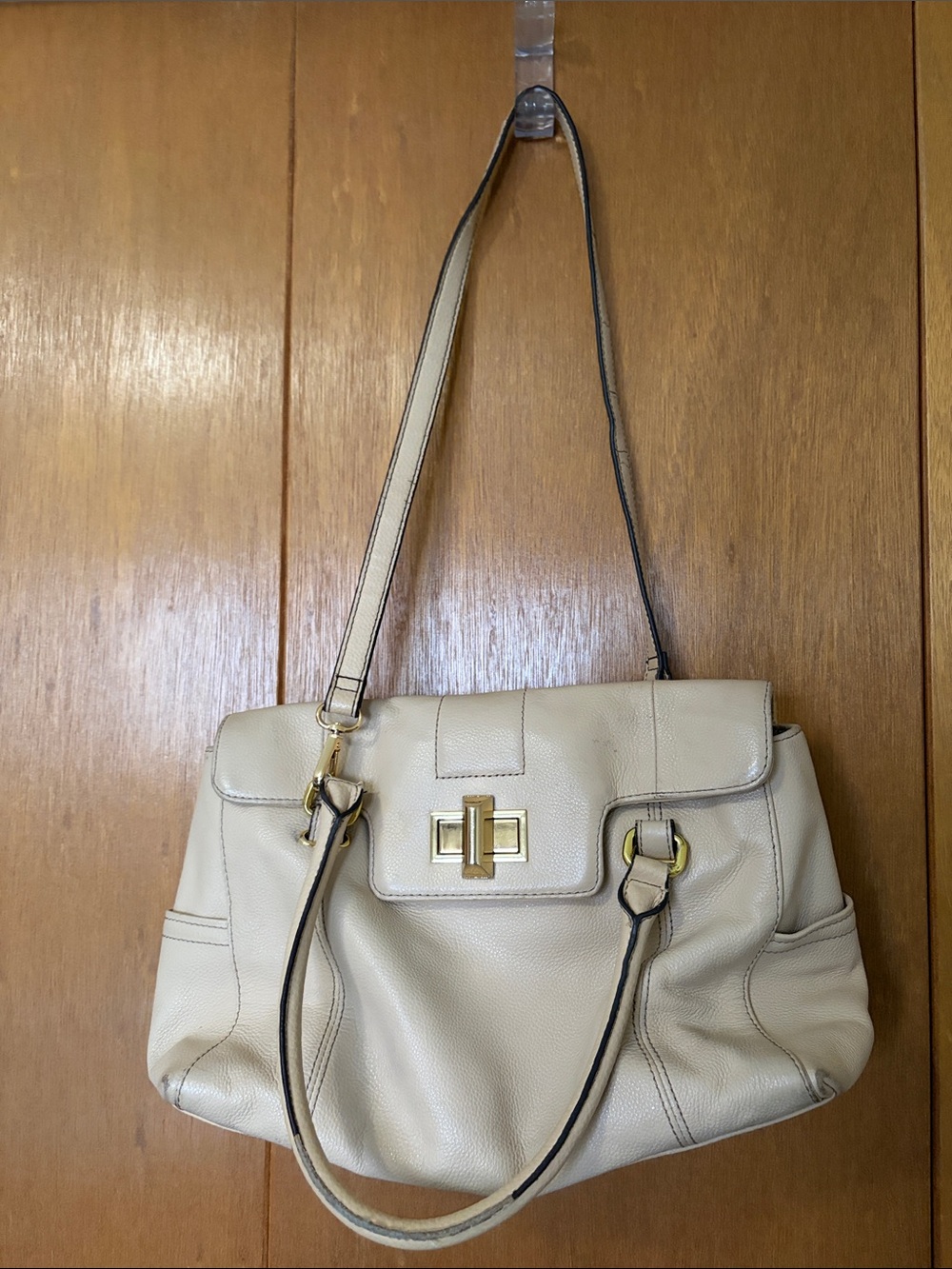 Tignanello Cream Pebbled Leather Shoulder Bag with Gold Hardware